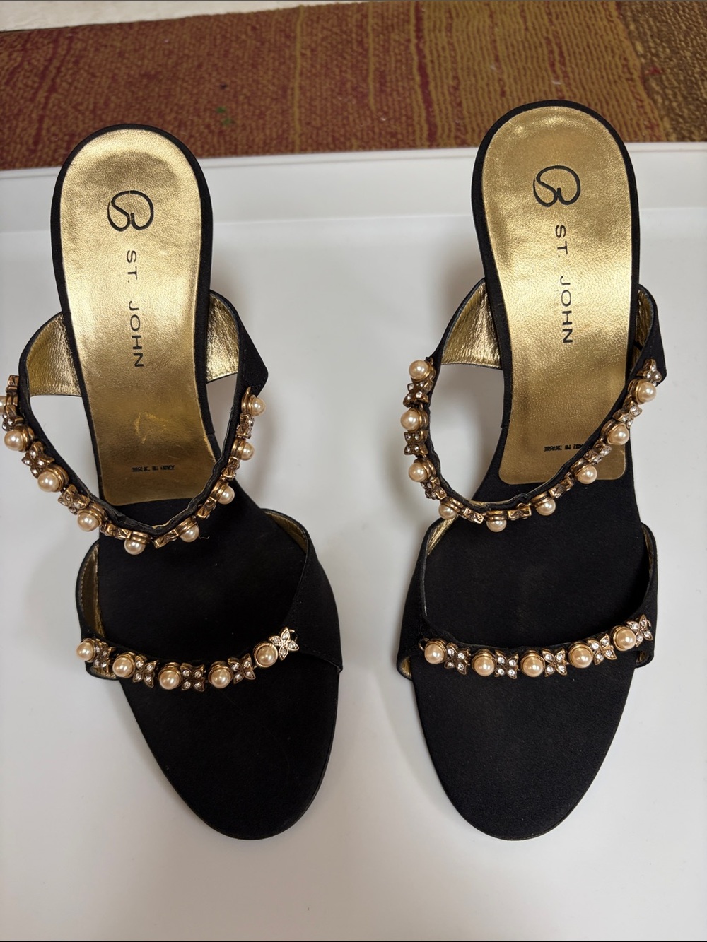 St. John Black Heeled Sandals with Pearl and Gold Accents